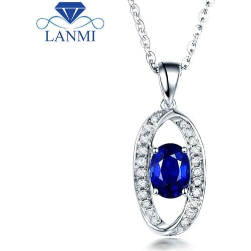 Special Design Blue Sapphire Pendant Necklace Real 14K White Gold Shinning Diamond Wholesale Fine Jewelry for Women