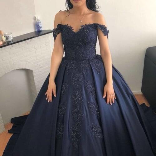 Saudi Arabia robe mariee off Shoulder Lace Applique Navy Blue Wedding Dress 2021 Turkey wedding Gown Vestido De Noiva