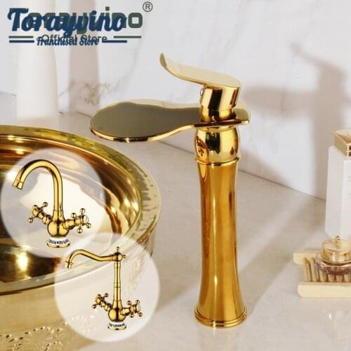 Torayvino Rotated Golden Brass Water Kitchen Sink Basin Vessel Double Handles Swivel Golden Polished Deck Mounted Mixer Faucet