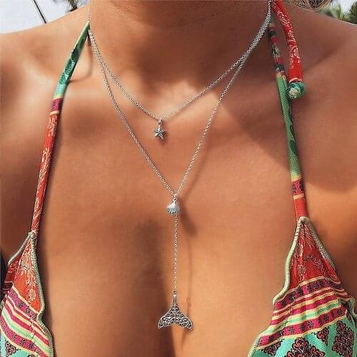 UMKA New Design Boho Beach Starfish Shell Pendants Multi-Layer Pendant Silver Color Whale Tail Charm Necklaces for Women Jewelry