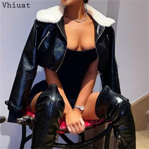 Vhiuat 2021 Winter Women Fashion Parkas Zipper Black Leather Jacket Plush Collar Long Sleeve Vintage Female Short Winter Coat