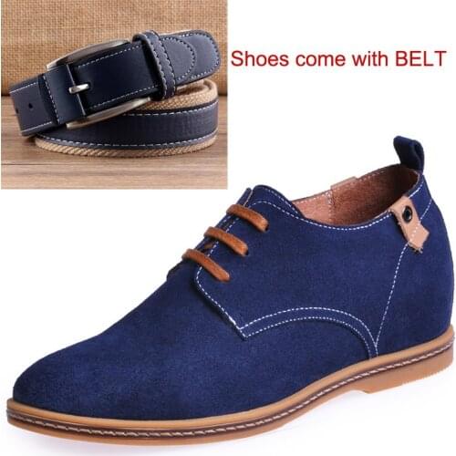 Suede Leather Shoes in Height Increased Insole Make Boys Grow Taller 5CM Blue Shoes Come with Blue Belt