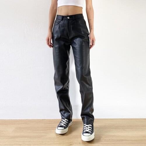 Women Faux Leather Cargo Pants Ladies High Waist Fashion Black Sexy Straight Soft PU Slim Fit Trousers with Pockets Streetwear