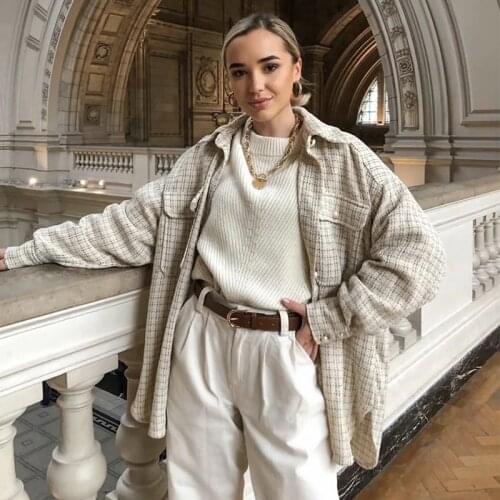 Women Plaid Casual Blazer Coat Jacket Women Long Sleeve Autumn Winter Office Lady Shirt Jacket Coat Oversize Outfit 2021 Vinatge