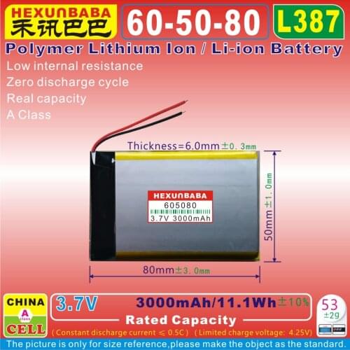 2pcs [L387] 3.7V 3000mAh [605080] PLIB ; polymer lithium ion / Li-ion battery for tablet pc,e-book,speaker,POWER BANK;GPS