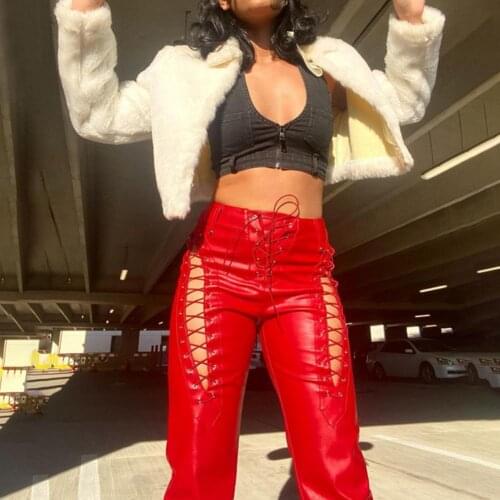 2021 Fashion Women Pants Hollow Out Slim Punk Ladies Solid Color High Waist Faux Leather Pants pantalones de mujer брюки женские