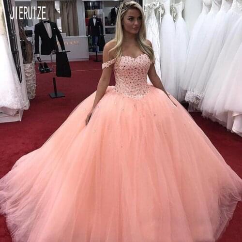 JIERUIZE Elegant Pink Off Shoulder Wedding Dresses Sweetheart Lace Up Back With Crystal Ball Gown Bridal Gowns robe de mariee