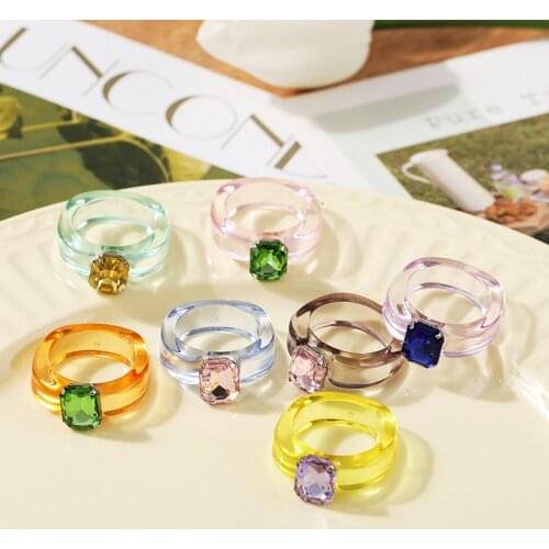 Candy Color Inlaid Rhinestone Crystal Joint Rings Gothic Geometric Irregular Resin Finger Ring for Women Aesthatic Jewelry Gift