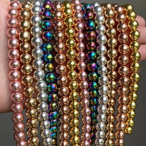 Natural Stones Rhodium Rose Gold Plated Hematite Round Mineral Loose Beads for Charms Bracelet DIY Jewelry Making 2 3 4 6 8 10mm