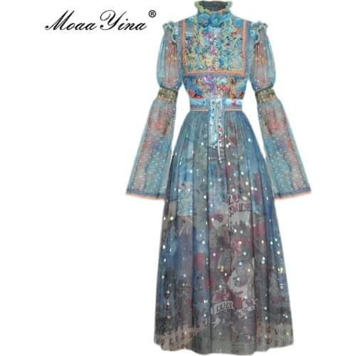 MoaaYina Fashion Designer Summer Skirts Suit Womens Flare Sleeve Printed Shirts and Mesh Midi Skirt Two Pieces Set