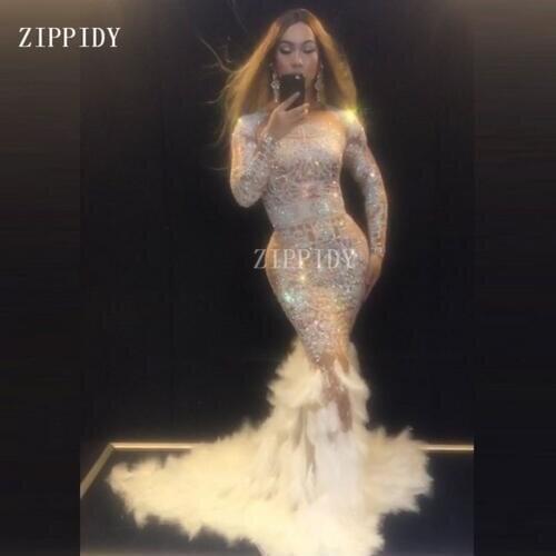 Fashion Sparkly AB Rhinestones Feather Glisten Full Stones Big Floor Tail Dress Costume Prom Birthday Celebrate Dresses