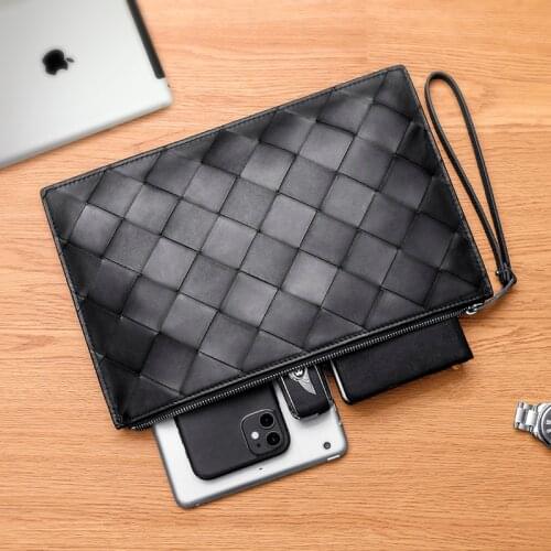 Mens Fashion Clutch Cowhide Woven Large Plaid Luxury Brand Design 100% High Quality Genuine Leather Business Paper Bag 2021 New