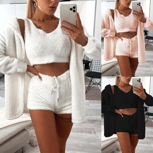 2020 New Fashion Womens Three Piece Suit Home Furnishing Lace Up Shorts Cardigan Loose Coat Plush Solid Color Set Autumn Winter