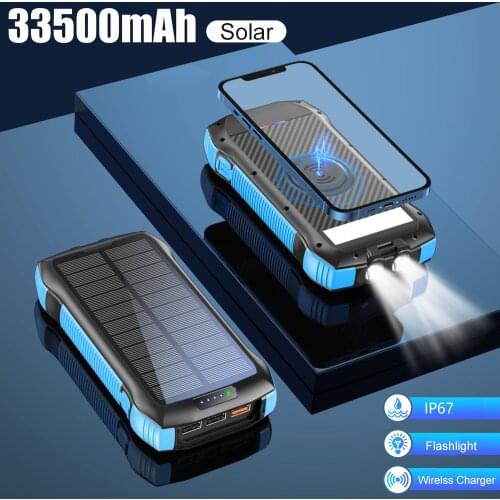 335000mAh Solar Power Bank Waterproof LED Flashlight Poverbank With 10W Wireless Charger External Battery Poverbank For iphone
