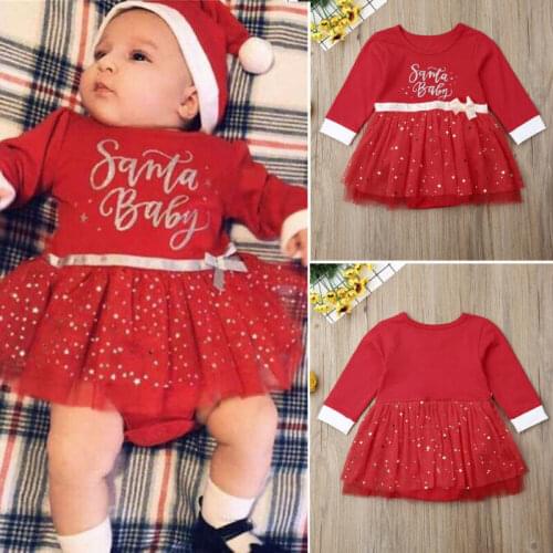 Newborn Infant Baby Girl Xmas Christmas Red Dress Long Sleeve Bow Sequins Tutu Party Dress For Baby Girl Costumes