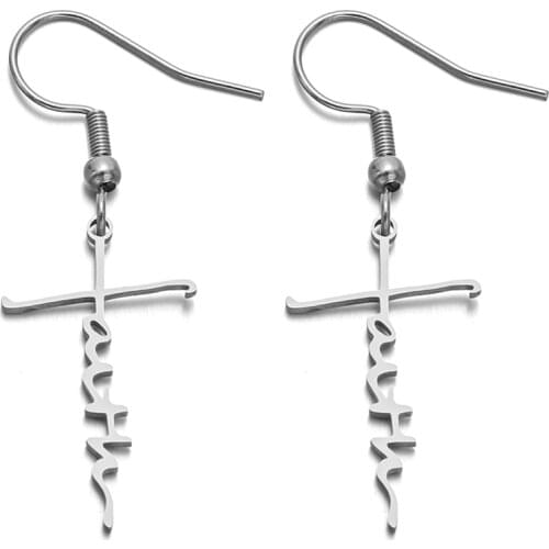 1 pair Silver Color FAITH Cross Drop Earrings For Women Fashion Stainless Steel Earrin Jewelry Gift LGS1733