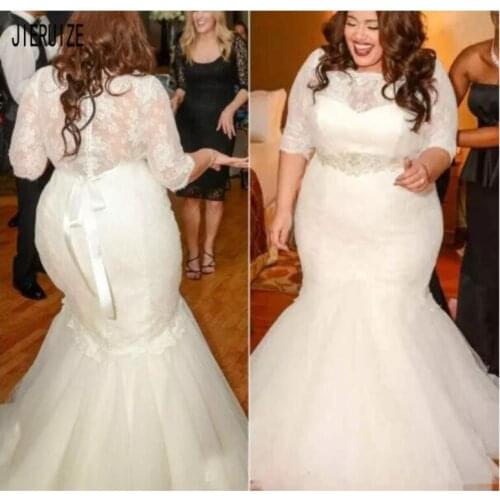 JIERUIZE Plus Size Mermaid Wedding Dresses Half Sleeves Scoop Neck Crystal Sashes Button Back Bridal Gowns vestidos de noiva