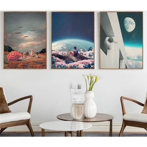 Vintage Universe Earth Poster Night Sky Spacecraft Wall Art Canvas Painting Modern Science Fiction Picture for Living Room Decor