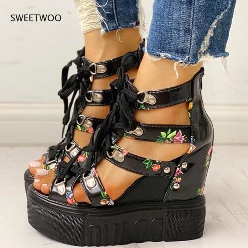 Ins Hot Print Leisure Wedges Womens Shoes 2021 Summer Shoes Women Sandals Platform Shoelaces High Heels Casual Shoes Woman