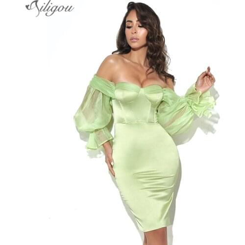 Ailigou New Summer Women Fashion Off Shoulder Mini Dress 2021 Sexy Long Lantern Sleeve Light Green Celebrity Runway Club Dress