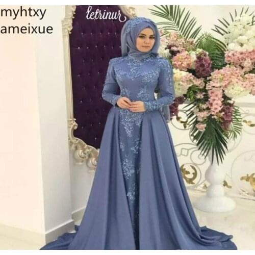 2020 Custom Arabic Saudi Muslim Blue Evening Dress High Neck Hijab Long Sleeves Holiday Women Wear Formal Party Gown Custom Made