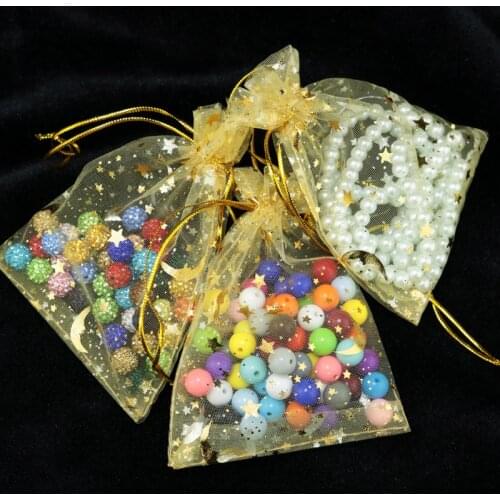 100pcs 9x12cm Drawable Organza Bags Star Moon Gold color Wedding Christmas Gift Bag Jewelry Packaging Bags Pouches