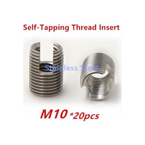 20pcs M10 Stainless Steel Self tapping Thread Insert Self Tapping Screw Bushing Slotted Type Thread Repair Inset