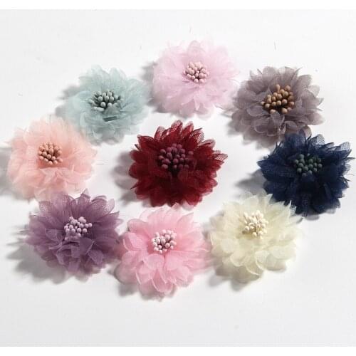 200PCS 4CM 1.5" New Small Chiffon Flowers With Matches Center For Headbands Accessories Sunflower Handmade Hair Flower For Dress