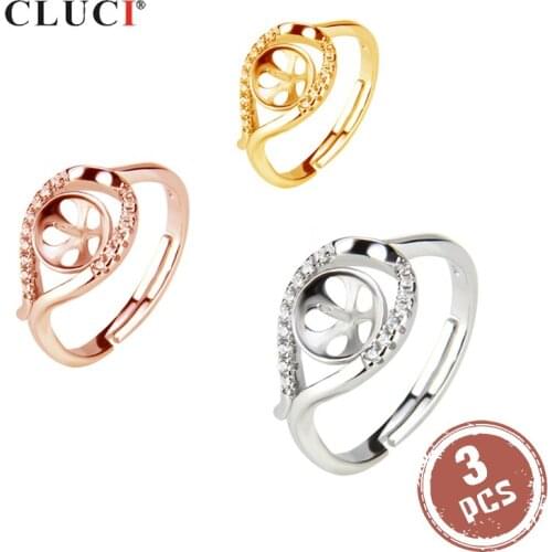 CLUCI 3pcs Silver 925 Adjustable Ring Zircon Women Rings 925 Sterling Silver Heart Shaped Open Ring Women Jewelry SR2069SB
