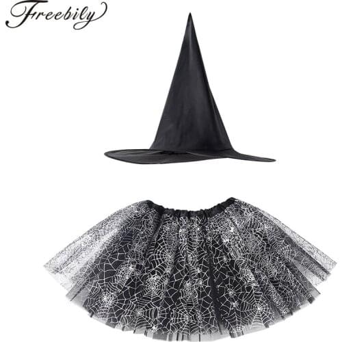 Kids Girls Halloween Costume Children Witch Anime Cosplay Party Set Spider Web Shiny Printed Tutu Skirt with Pointed Hat