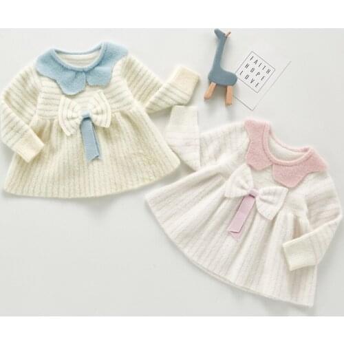 Newborn Baby Girl Dress Bow Knot Autumn Winter Knitted Baby Clothes Cotton Toddler Girls Dress Stripe Kids Dresses For Girls