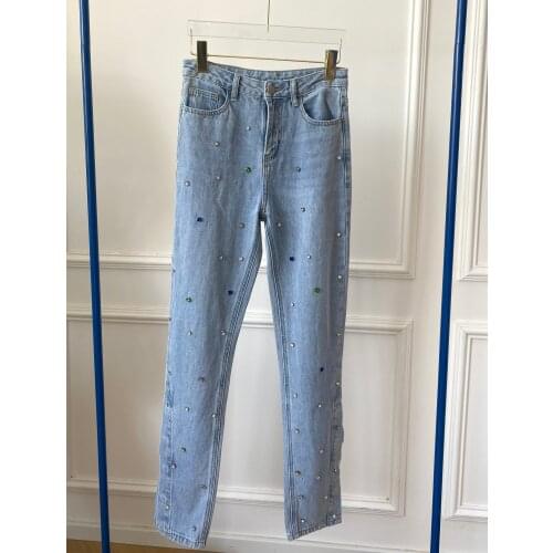 Summer 2021SS Spring Casual Women Diamonds Straight Jeans Female Denim Fashion Pants Trouse Gdnz 5.10