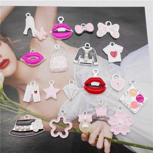 Julie Wang 6/15PCS Enamel Charms Mixed Clothes Lip Bowkont Heart Star Silver Color Tone Pendants Alloy Jewelry Making Accessory