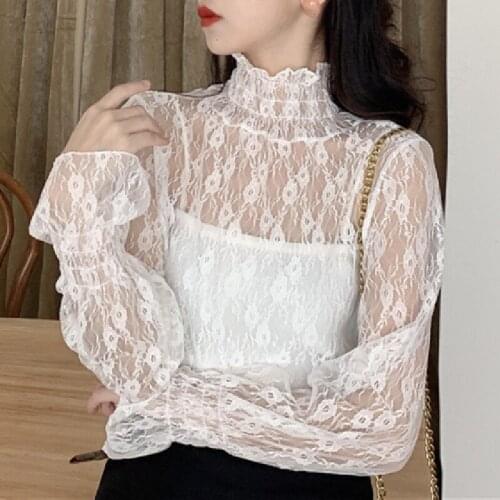 Elegant Lace Shirts Ladies Casual Flare Sleeve Turtleneck Blouse and Tops Women 2021 Spring Korean Style Basic Shirt Female Chic