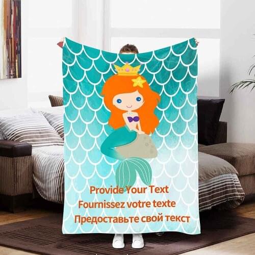 Custom Text Name Blanket Cartoon Gold Mermaid Flannel Throw Blanket Girls Birthday Gift Fleece Blankets for Sofa Warm Bed Sheet