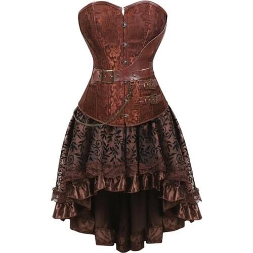 Halloween Costumes for Women Sexy Gothic Steampunk Corset Dress Leather Overbust Corsets and Bustiers Skirt Party Waist Trainer