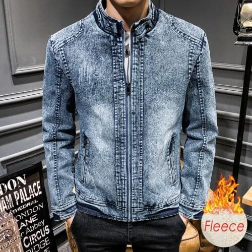 Men 2020 Autumn Winter New 100% Cotton Fleece Denim Jeans Jacket Coat Men Outwear Outfits Warm Vintage Classic Washed Jacket Men