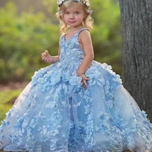 Cute Blue Spaghetti Straps Flower Girls Dresses Lace Appliques with 3D Flower Bead Toddler Communion Dress Puffy Kid Prom Gowns