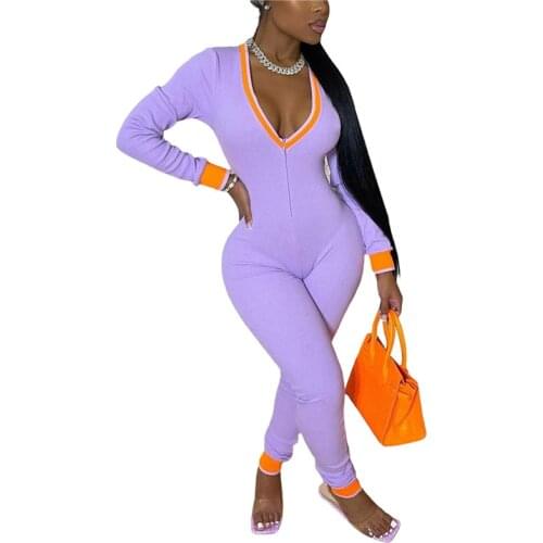 Fashion Women Ribbed Jumpsuits Letters Sleeves V-neck Zippers Rib Bodysuit Skinny Raised Lines Pattern Outdoor Wear