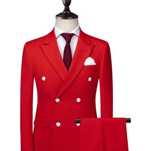 Double Breasted Red Mens Formal Suit With White Buttons 2 Pieces Wedding Suits For Men Slim Fit Groom Tuxedos Mens Business