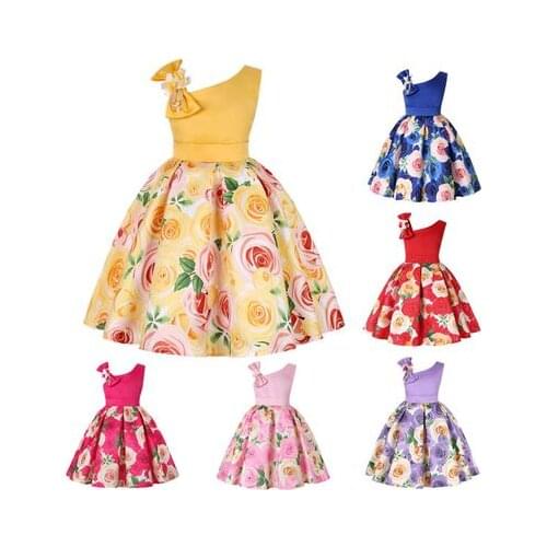 New oblique shoulder 4-10 year old girl baby dress rose print dress girl Christmas party costume dress explosion models