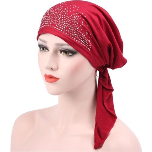New Women Muslim Fashion Hijab Cancer Chemo Solid Color Rhinestone Turban Head Cover Hair Loss Scarf Wrap Pre-tied Bandanas