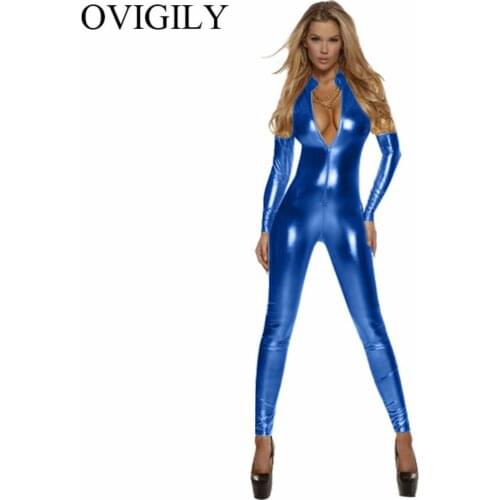 OVIGILY Women Turtleneck Long Sleeve Zentai Suit Front Zipper Spandex Shiny Royal Blue Full Body Unitard Catsuits Adult Bodysuit