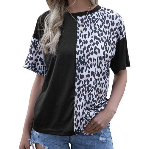 Sexy O Neck Leopard Print Pocket Tshirt Women Tops Short Sleeves Knotted Irregular Patchwork Tee Shirts