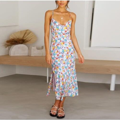 Dabourfeel Dresses For Women Casual Spaghetti Strap V Neck High Waist Side Split Summer Dress 2021 New Women Party Dress