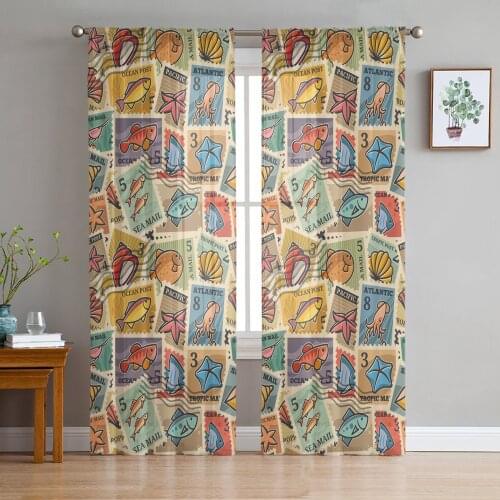 Simple Tulle Curtains Marine Life Stamp Villa Living Room Adult Bedroom Study Gauze Fabric Balcony Decor Chiffon Curtains