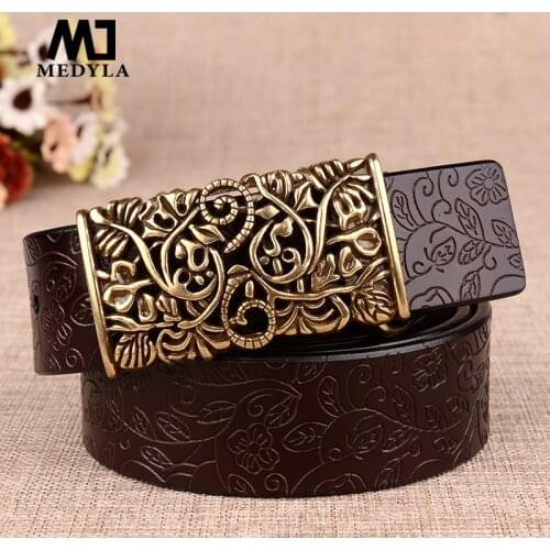 MEDYLA Womens Belt Retro High Quality Natural Cowhide Female Belt Luxury Mtal Carved Buckle Jeans Belt For Ladies