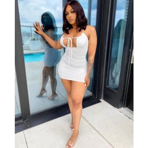 Sexy Hollow Out Dress Thin Straps Front Tie Up Bandage Mini Dress Open Back Sleeveless Pleated Ruched Night Party Short Dresses