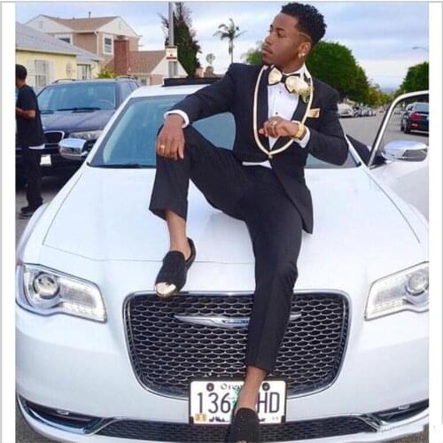 Blue One Button with Gold Shawl Lapel Men Suits Slim Fit Custom Made Wedding Tuxedos Groomsmen Best Man Suits(Jacket+Pants+Tie)