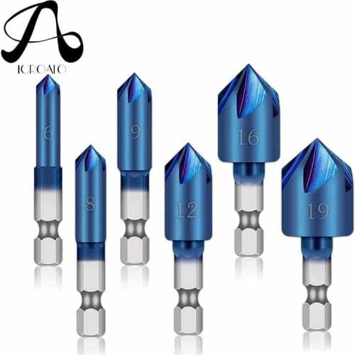 1/4 Inch 6pcs Countersink Drill Bit Shank HSS 5 Flute Countersink Blue Coated 90 Degree Center Punch Wood Countersink Drill